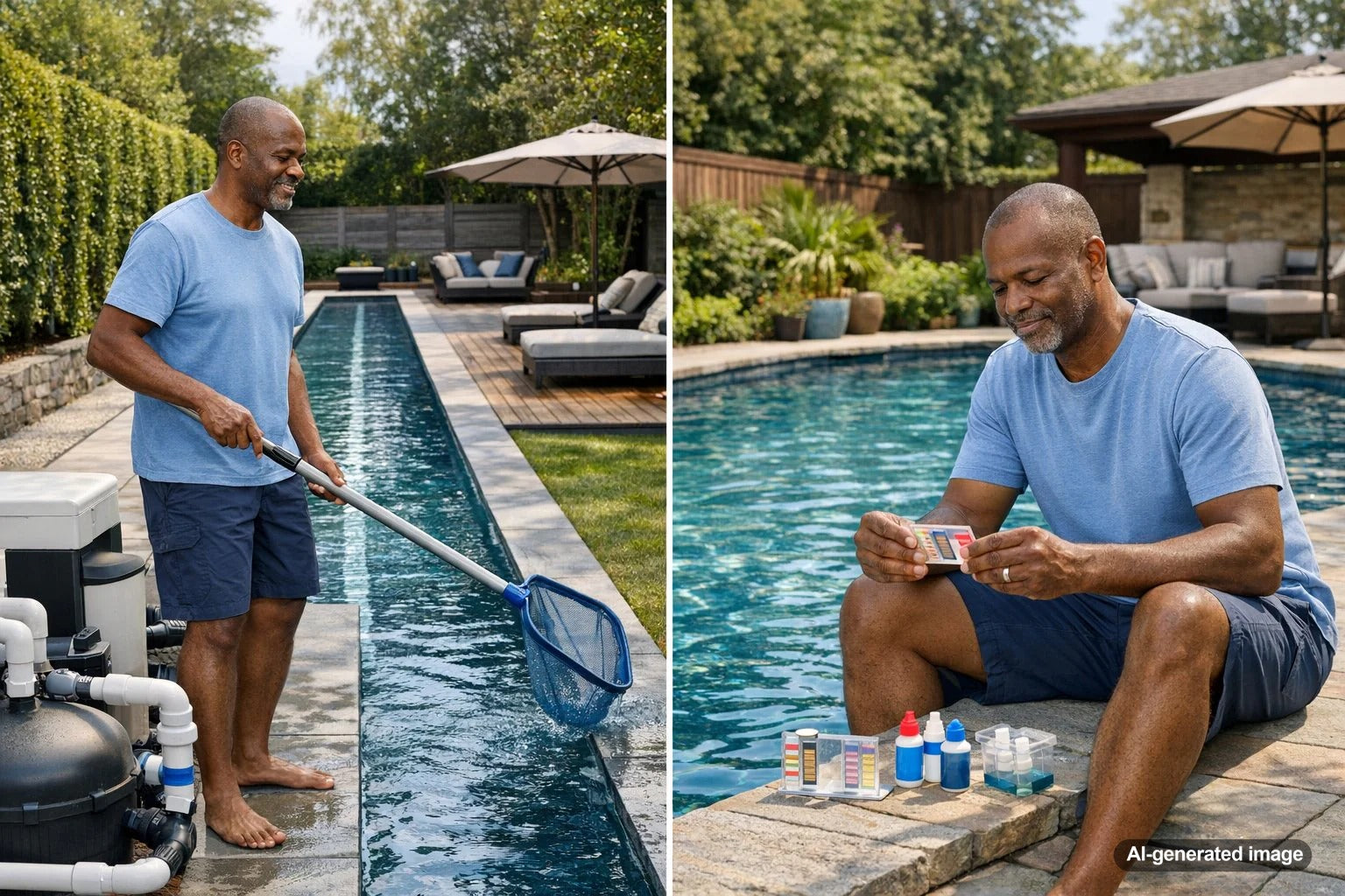 A long lap pool beside a traditional backyard pool setting, showing differences in pool design, cost, and maintenance considerations