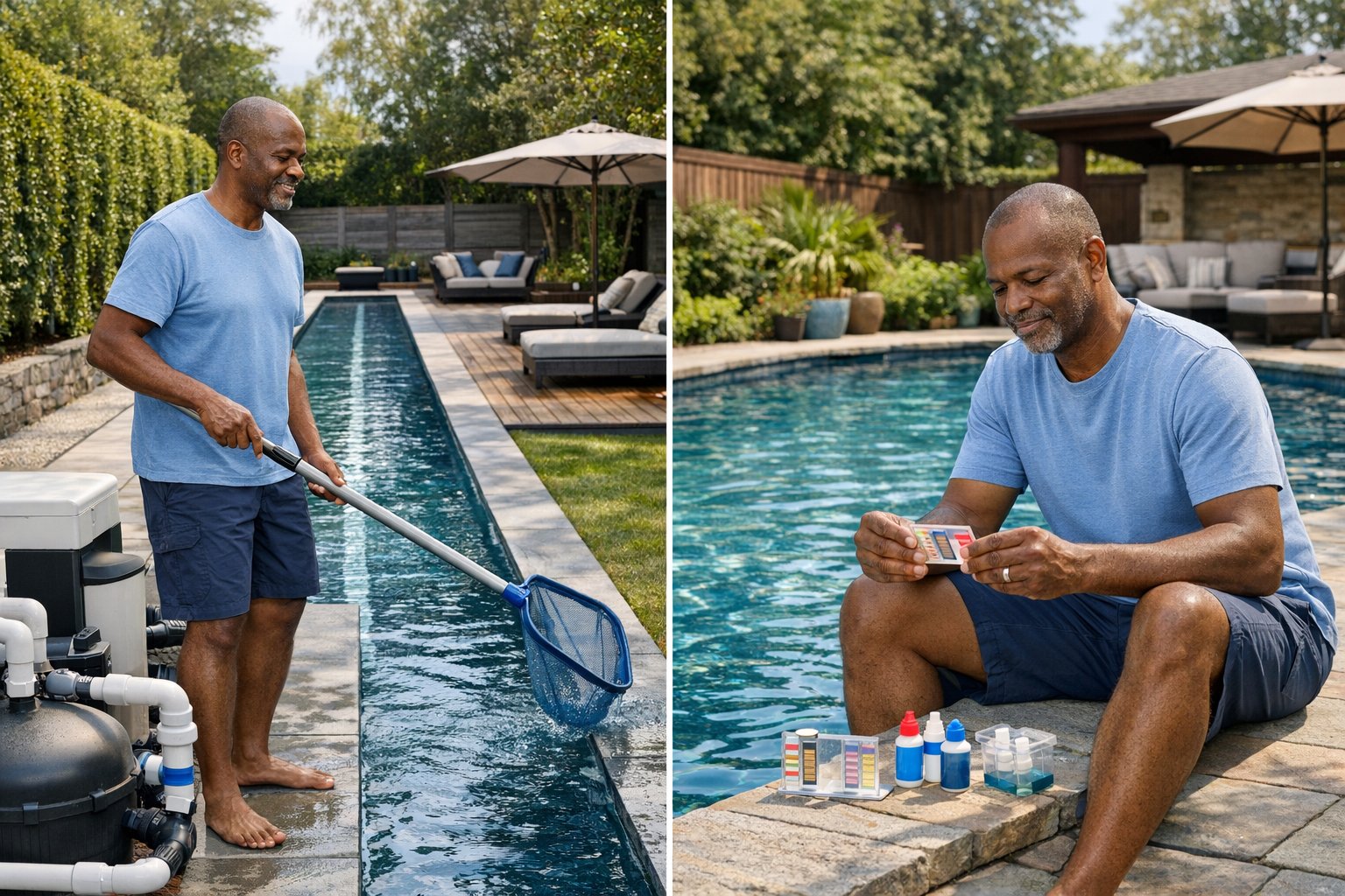 A long lap pool beside a traditional backyard pool setting, showing differences in pool design, cost, and maintenance considerations