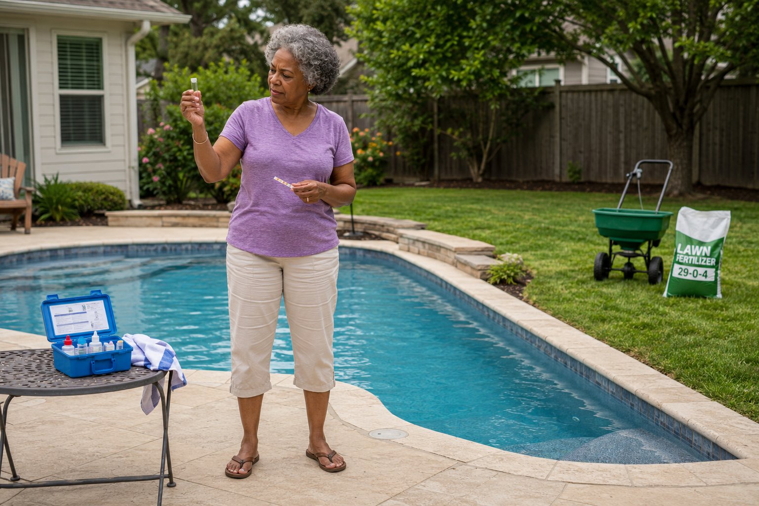 Lawn fertilizer near a backyard swimming pool showing how runoff can affect pool chemistry