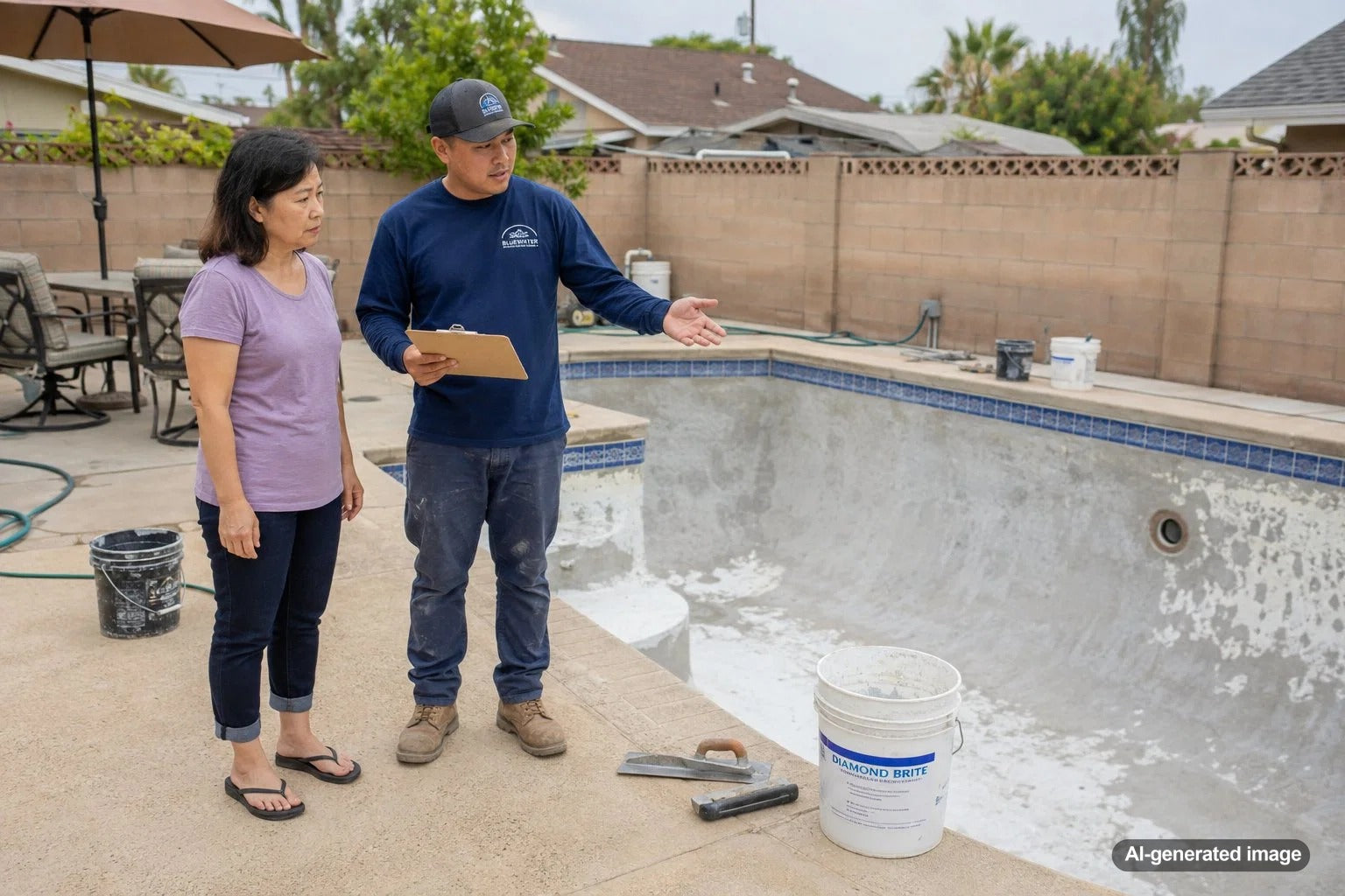Residential swimming pool being professionally resurfaced during a renovation project