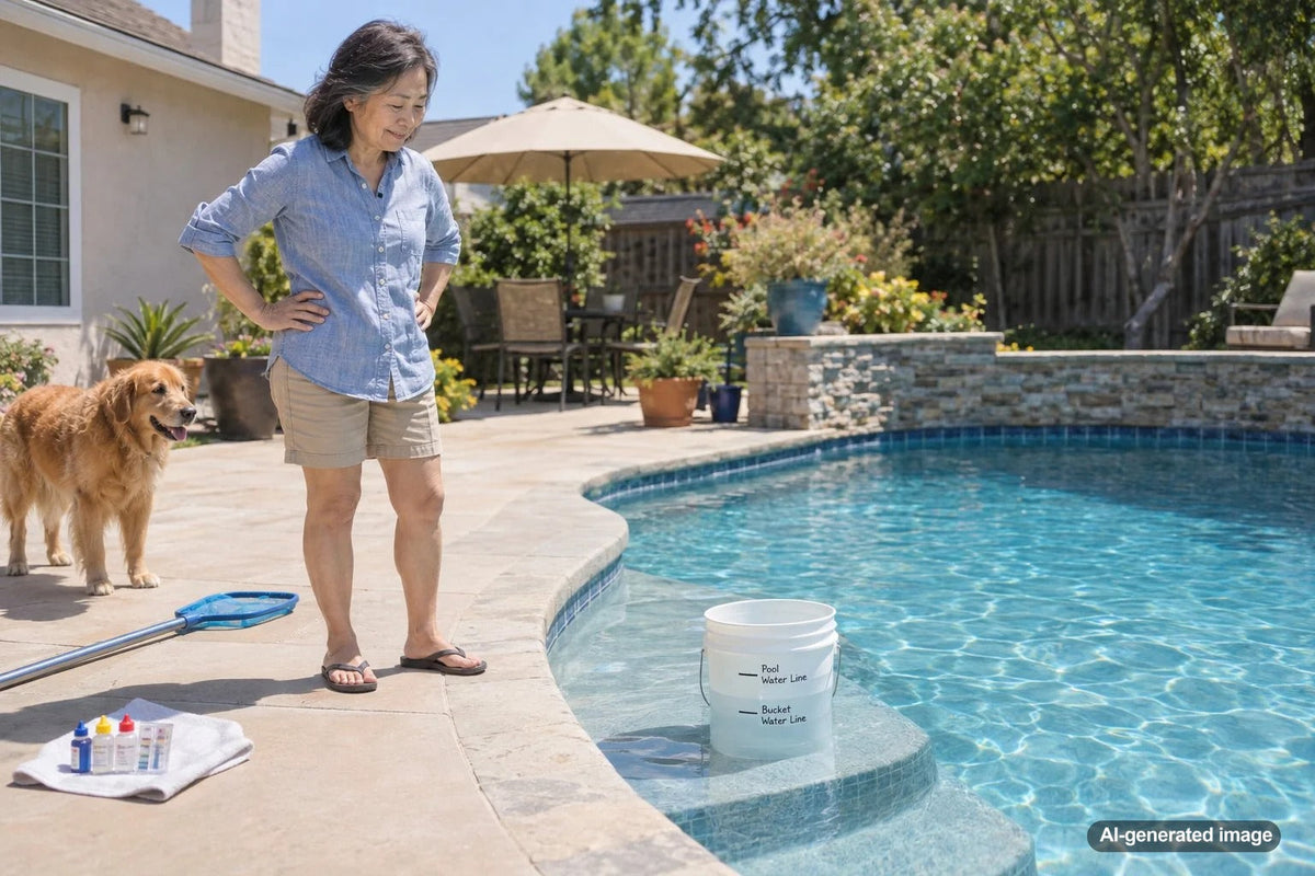 Pool bucket test positioned at the waterline to compare evaporation with possible pool water loss over 24 hours