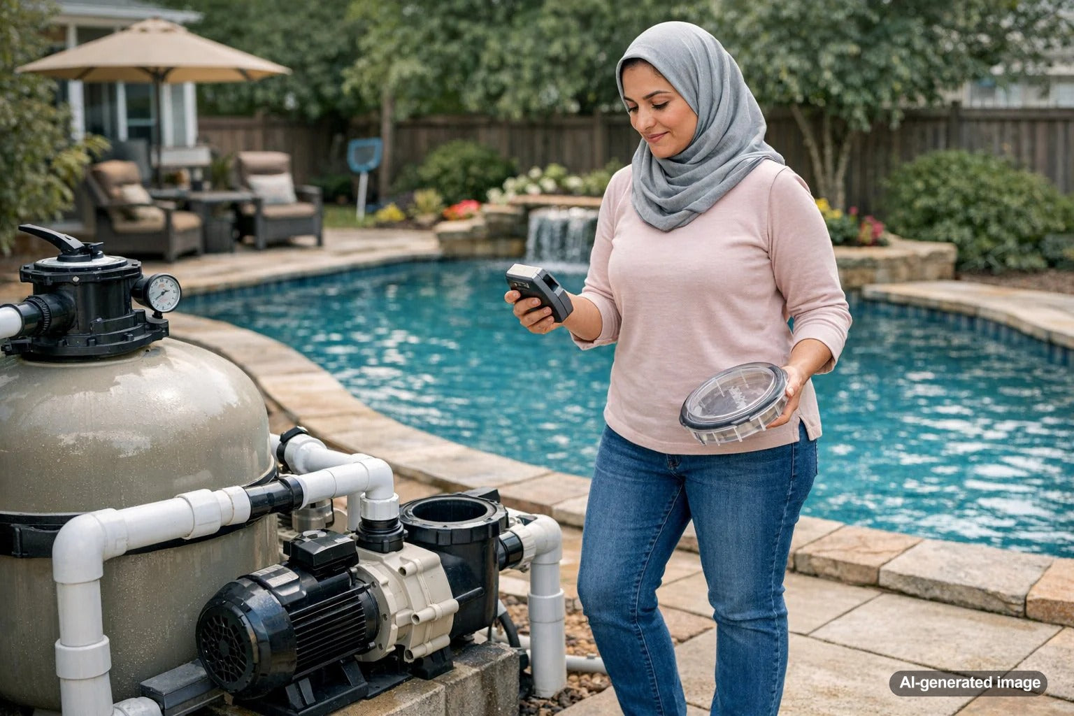 Pool pump running to circulate clean water in a backyard swimming pool