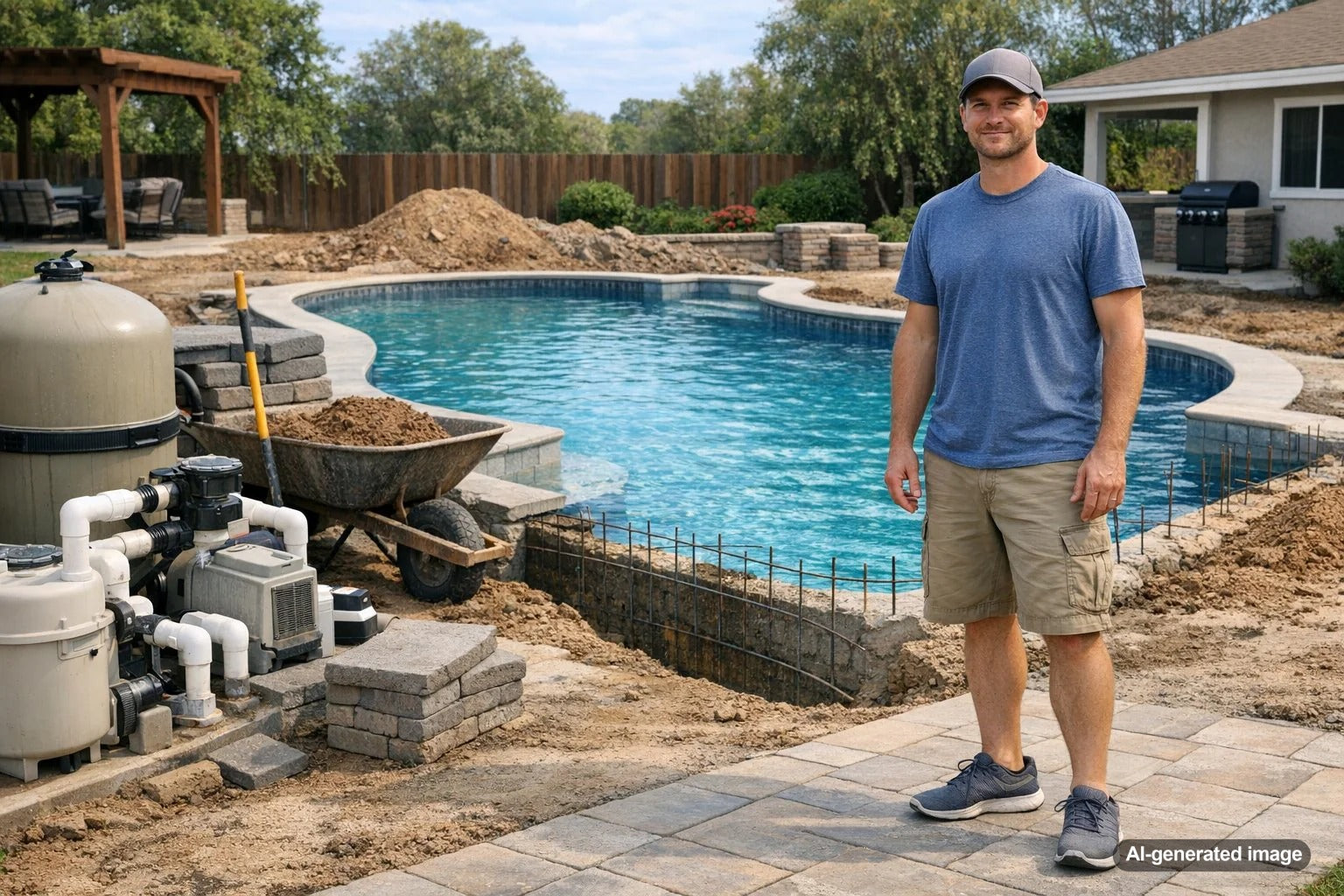 In-ground pool construction timeline with backyard excavation and pool installation work in progress