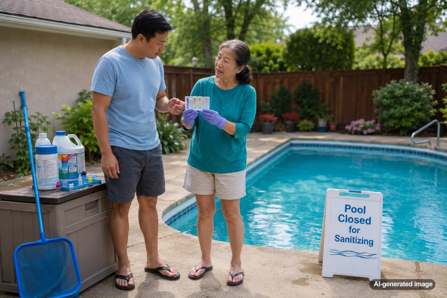 Backyard swimming pool closed for cleaning and disinfection after a fecal accident