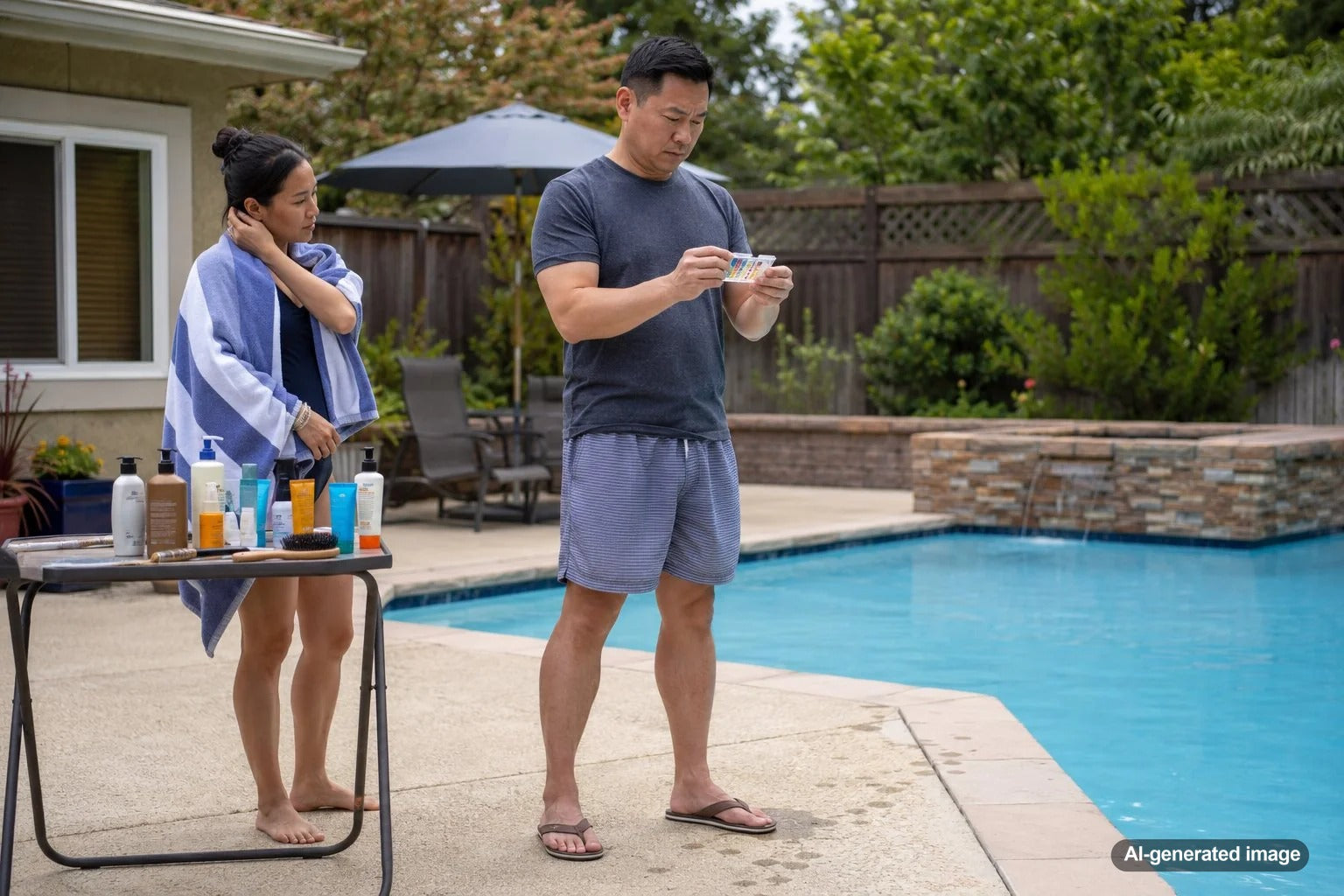 Pool owner inspecting surface residue caused by lotions, oils, and hair products in swimming pool water