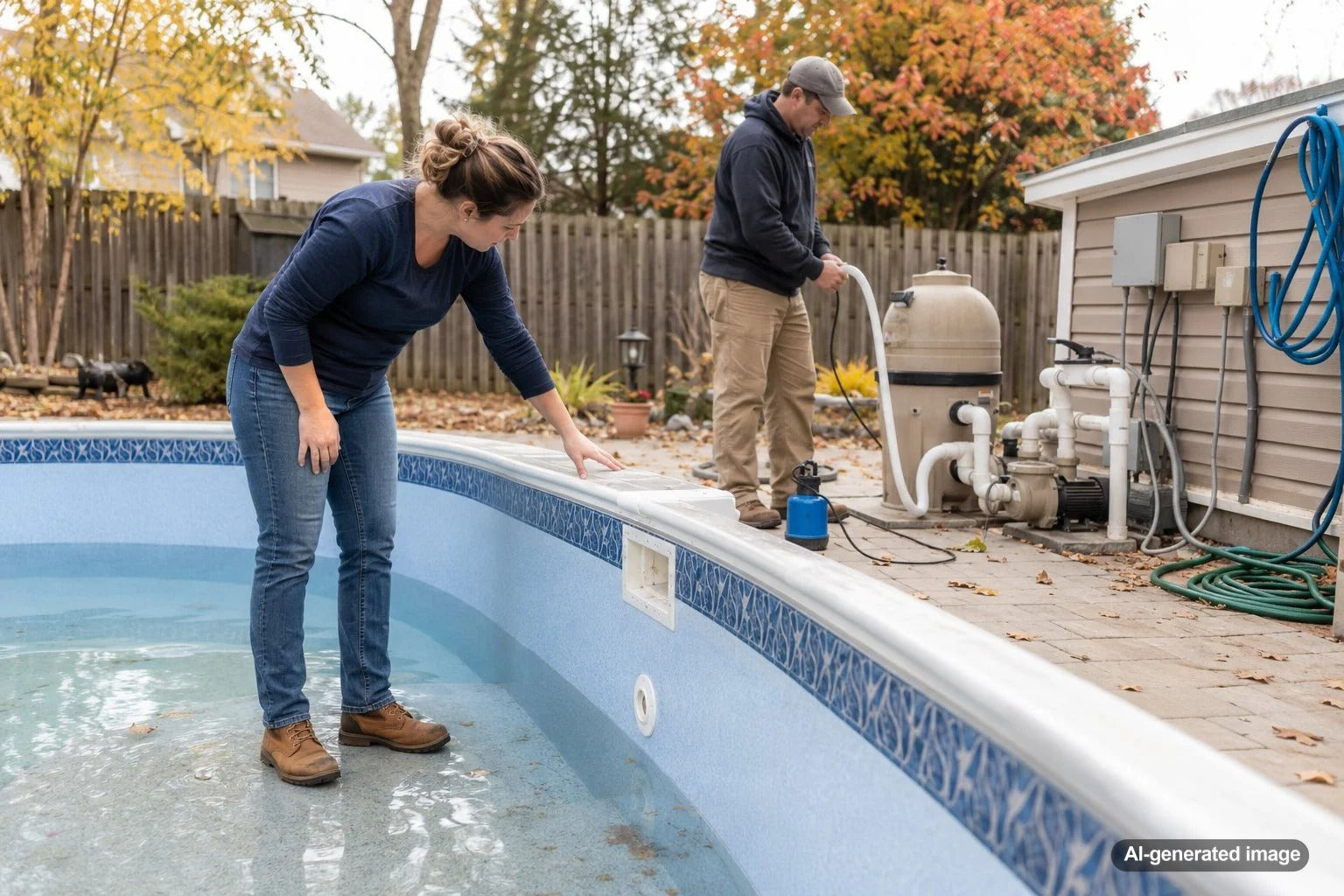 Swimming pool being prepared for winter closing with the water level lowered below the skimmer