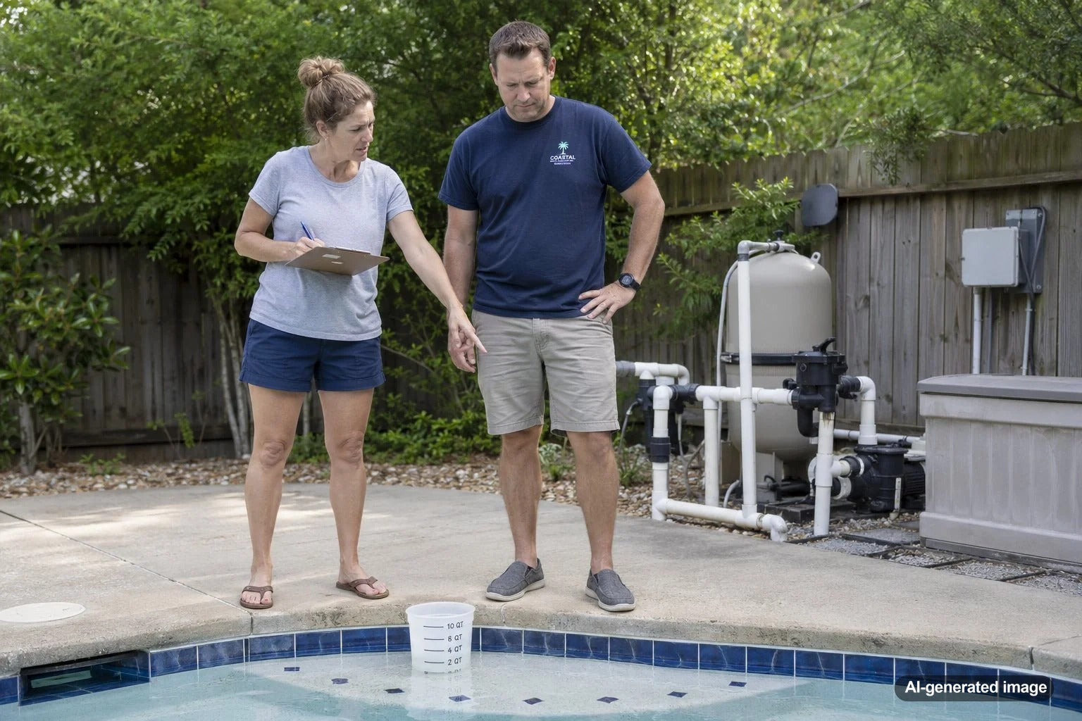 Pool owner using a Mini Bucket Test on a swimming pool step to compare evaporation with possible leak-related water loss