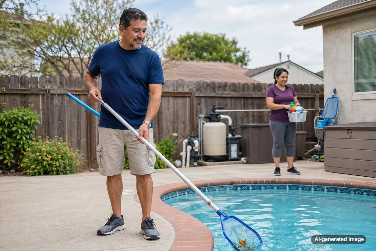 Homeowner performing routine weekly maintenance beside a residential swimming pool
