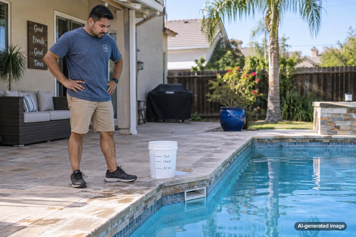 Swimming pool showing water level loss illustrating how much water a half-inch-per-day pool leak can waste in a month