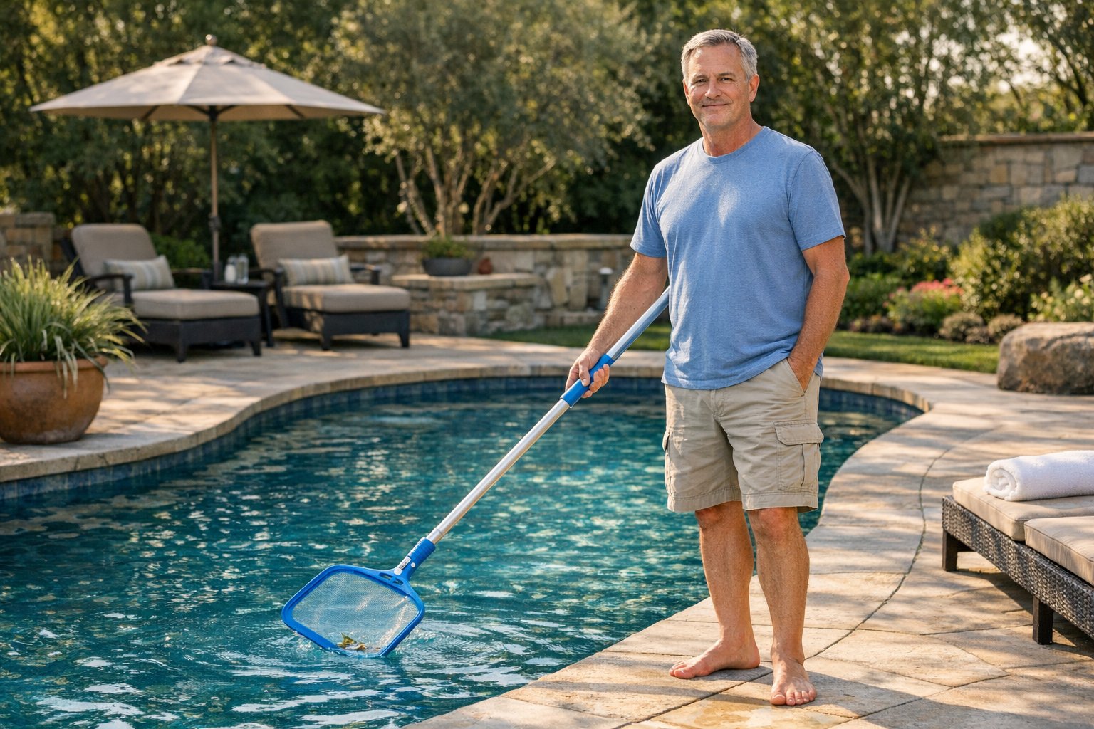 Clean and well-maintained swimming pool with clear blue water and skimming net in use