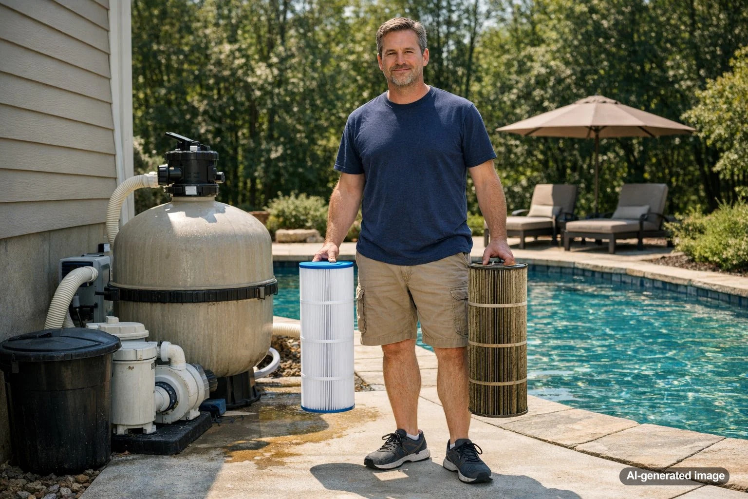 Pool equipment pad with a residential pool filter system, illustrating when pool owners may need to replace filter media or cartridges