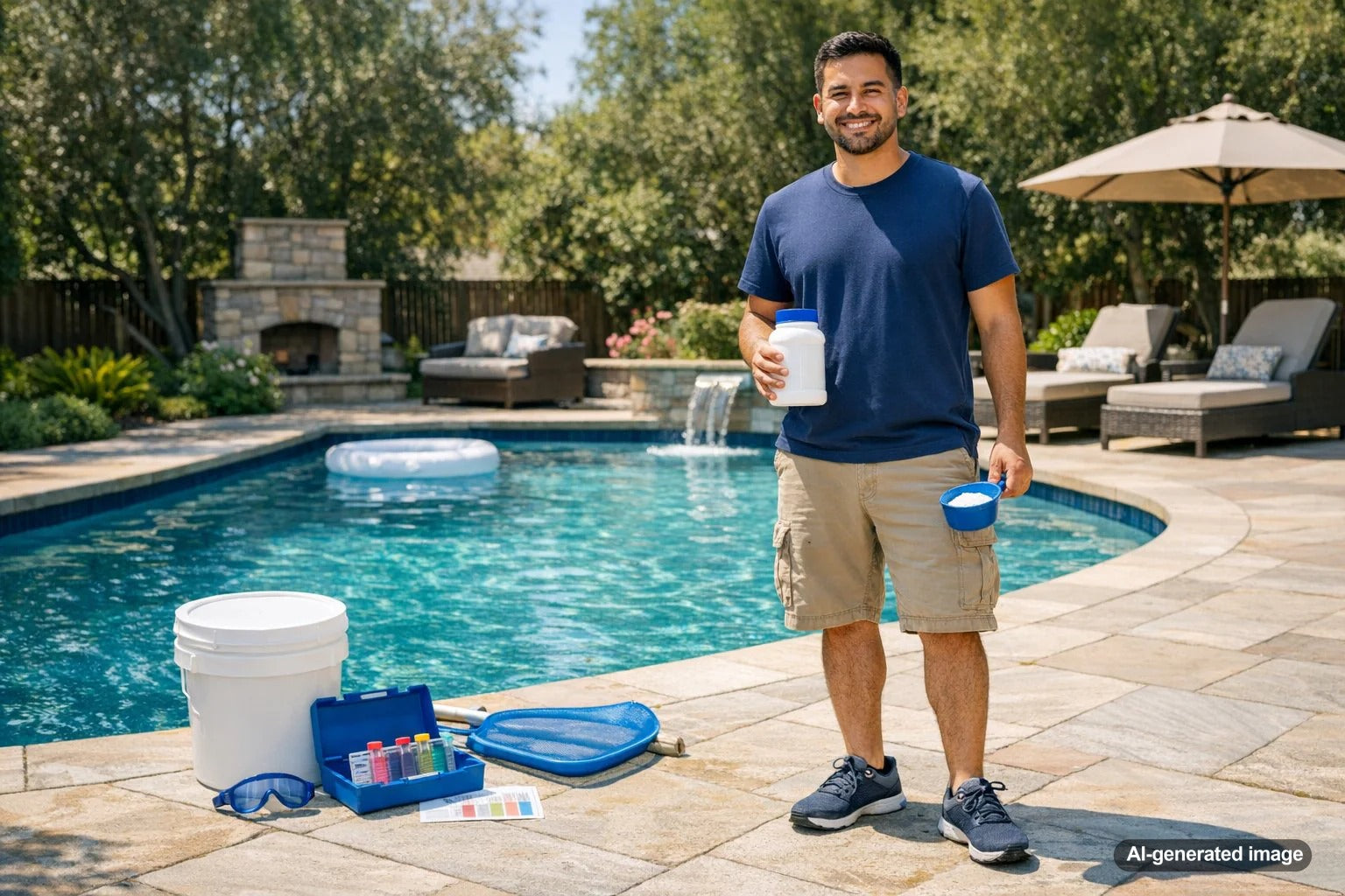 Clear backyard swimming pool in summer sunlight illustrating proper pool shocking and maintenance