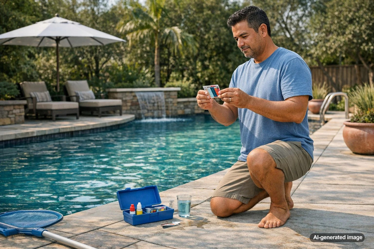 Pool owner testing swimming pool water chemistry with a test kit beside a clear backyard pool