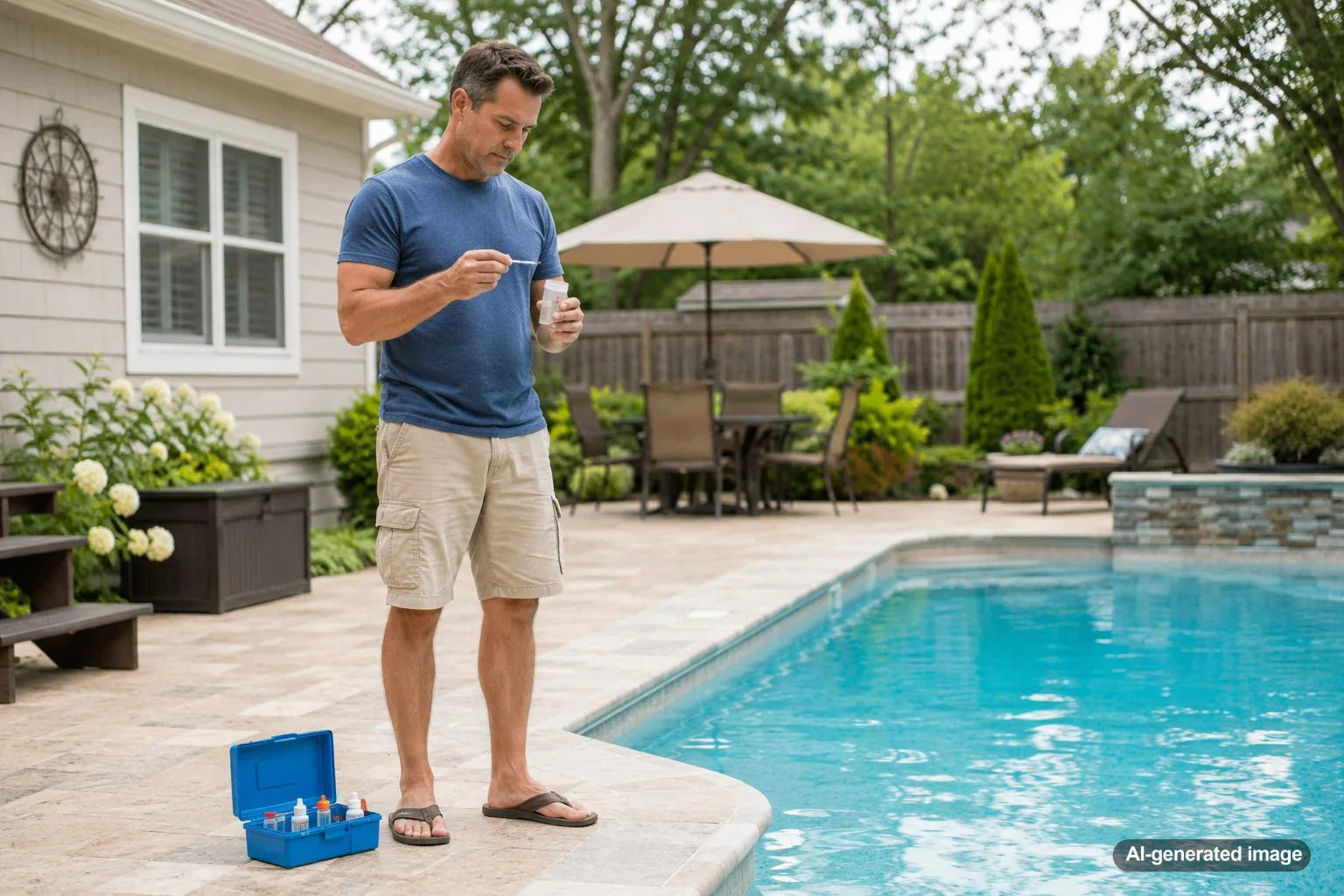 Pool owner testing swimming pool water to keep chemistry balanced and clear