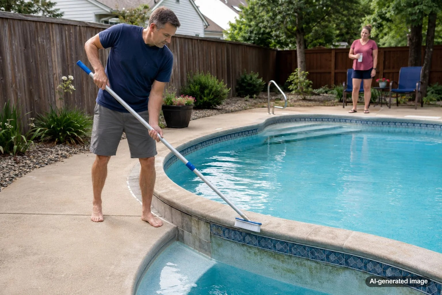 Homeowner brushing the walls of a residential swimming pool during routine weekly maintenance