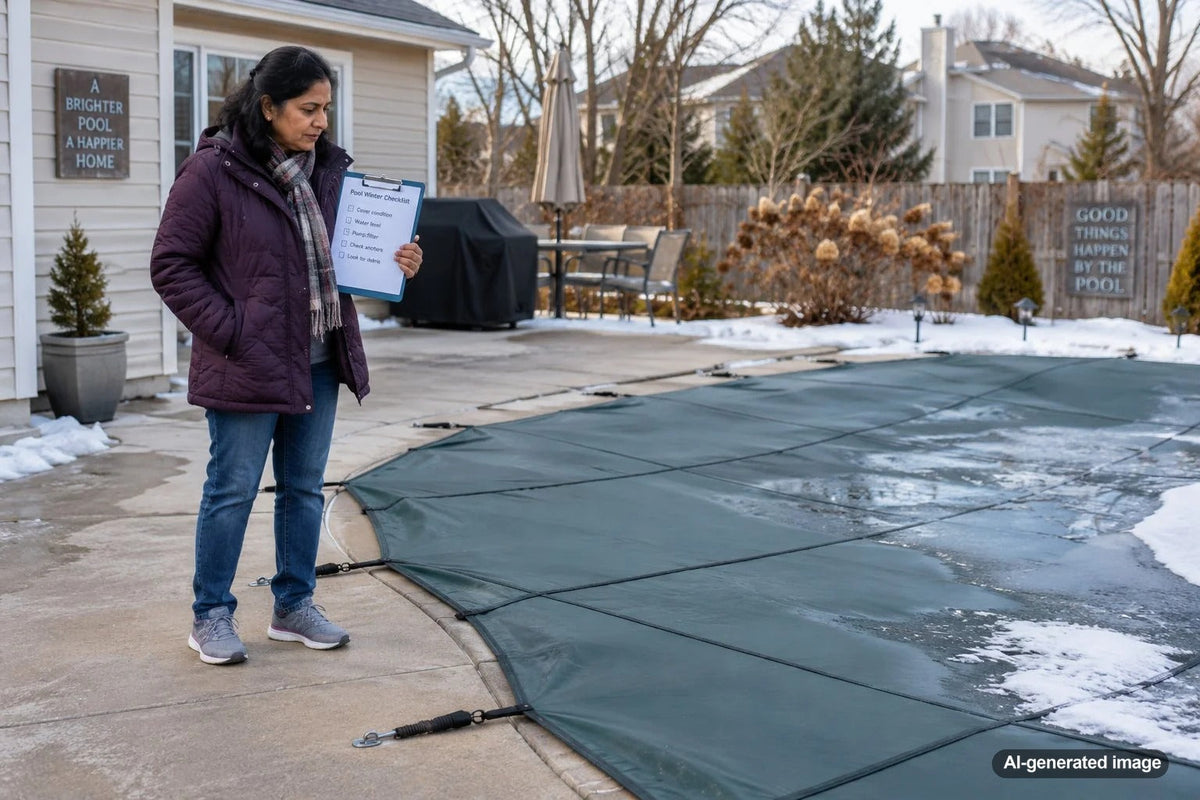 Closed backyard swimming pool with a secured winter cover being checked during cold weather