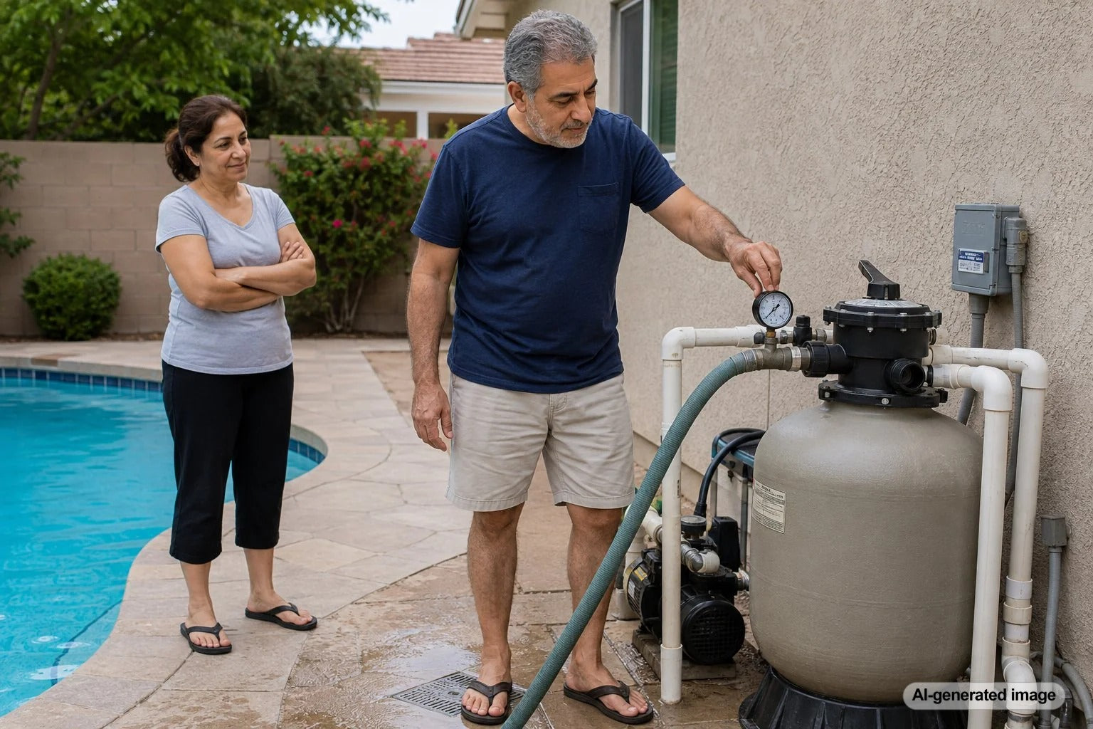 Homeowner checking a sand filter pressure gauge beside a residential swimming pool before backwashing