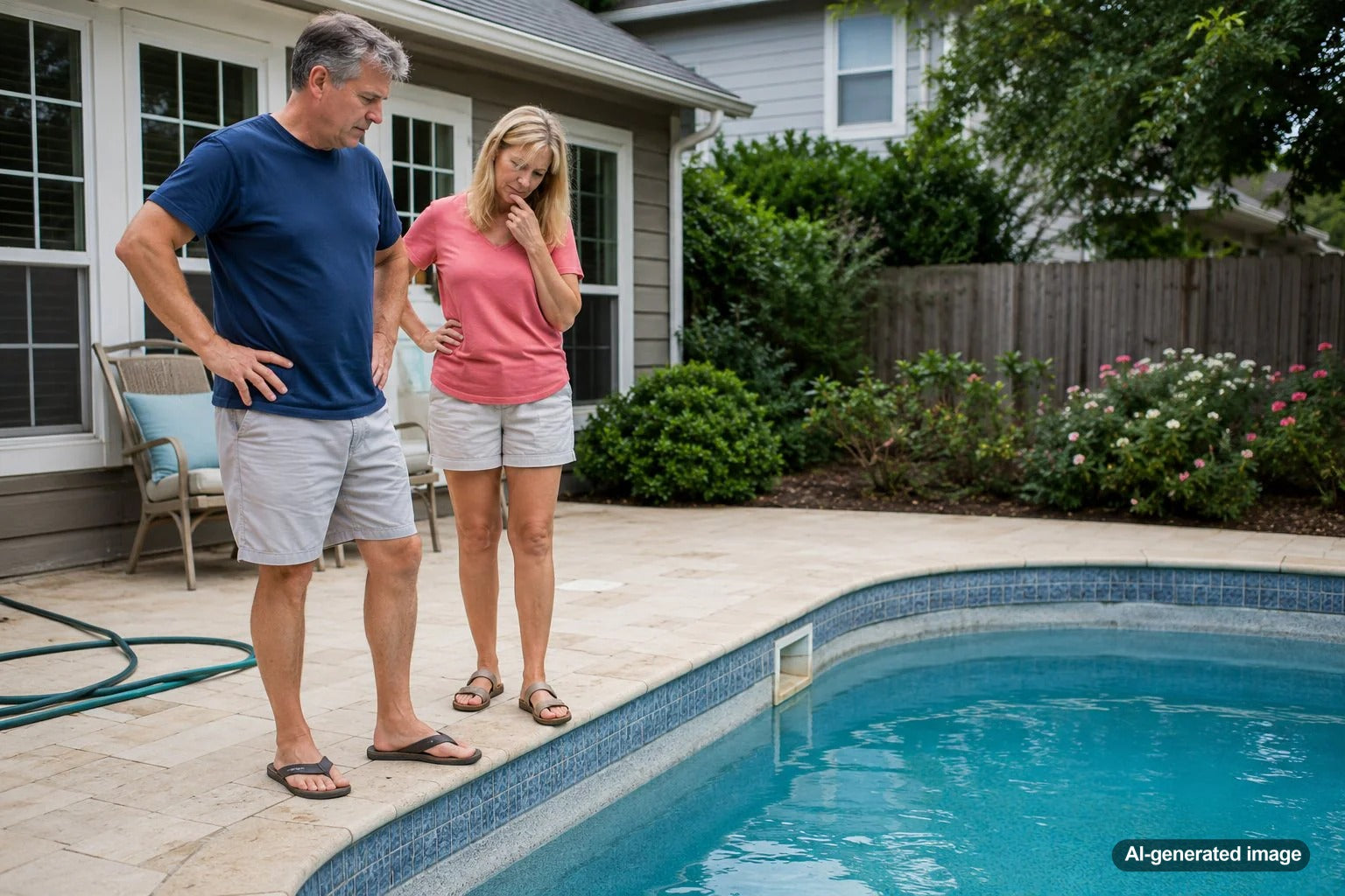 Backyard swimming pool with a lowered waterline being calmly checked by a homeowner