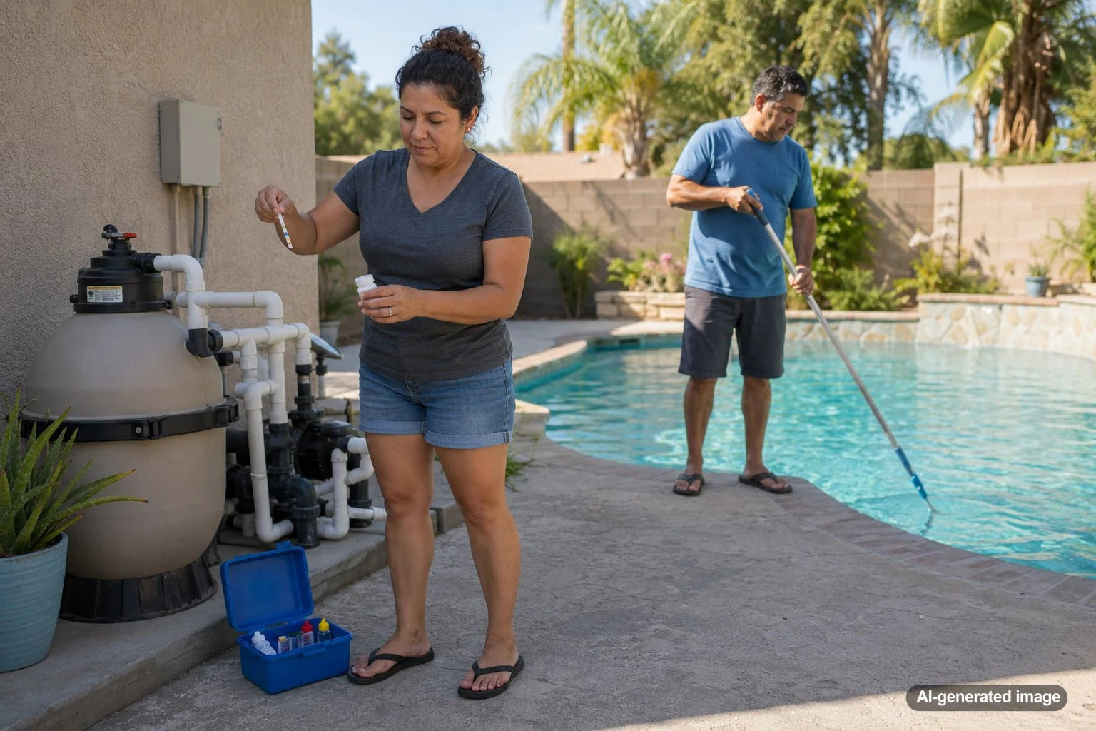 Homeowner testing total alkalinity and pH beside a clear residential swimming pool