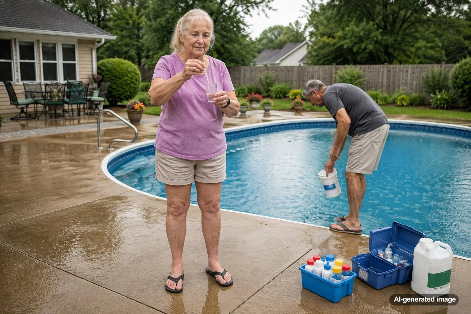 Backyard swimming pool after heavy rain with clear water and pool care supplies for balancing water chemistry