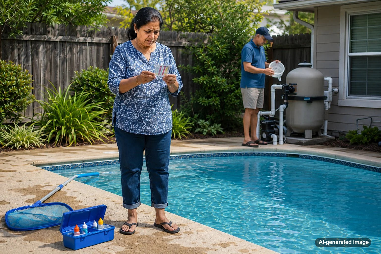 Pool owner checking a backyard swimming pool after returning from vacation