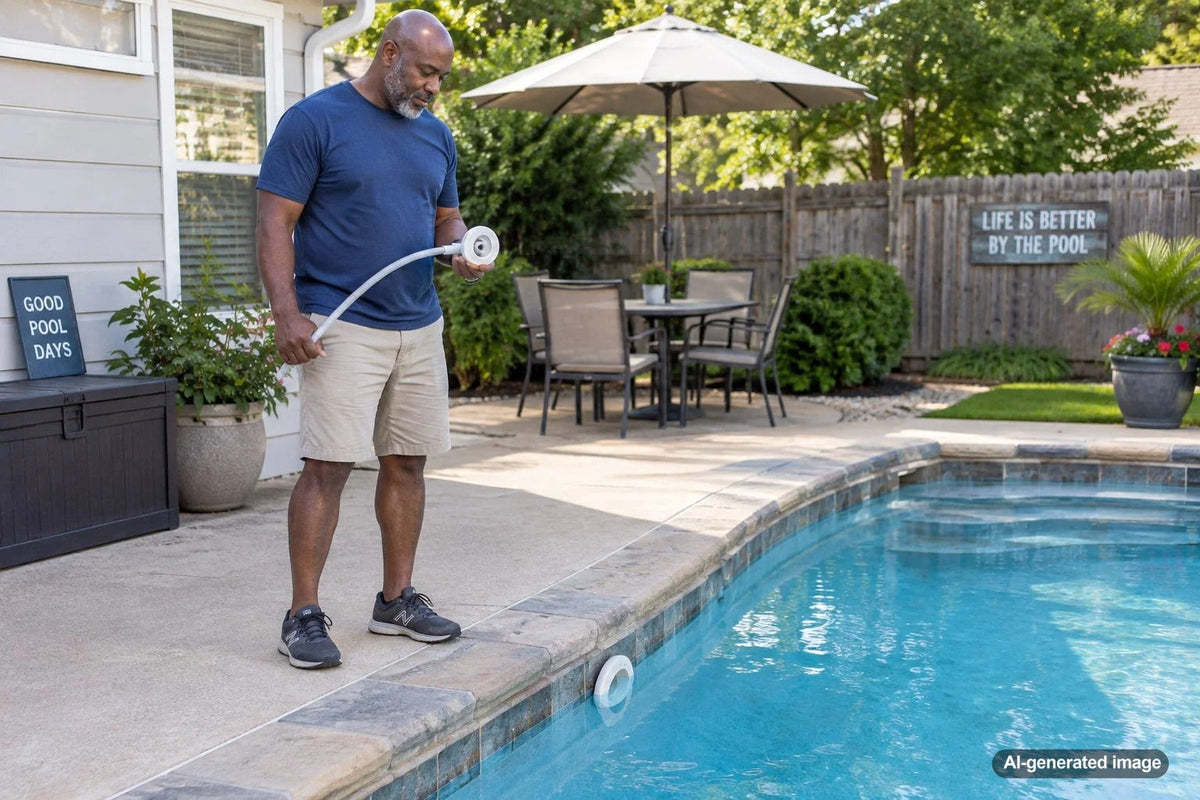 Pool vacuum port being inspected for possible leaks in a swimming pool wall