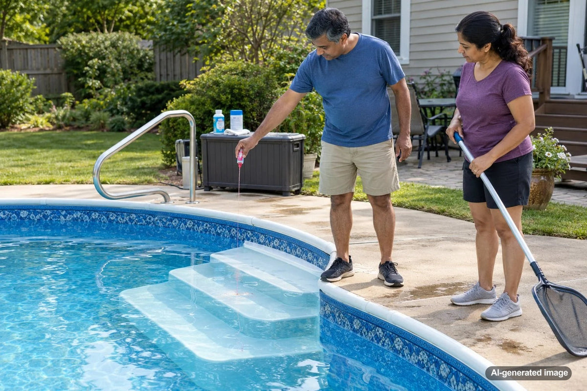 Vinyl liner pool steps being inspected closely for a tiny water leak near the liner edge and step assembly