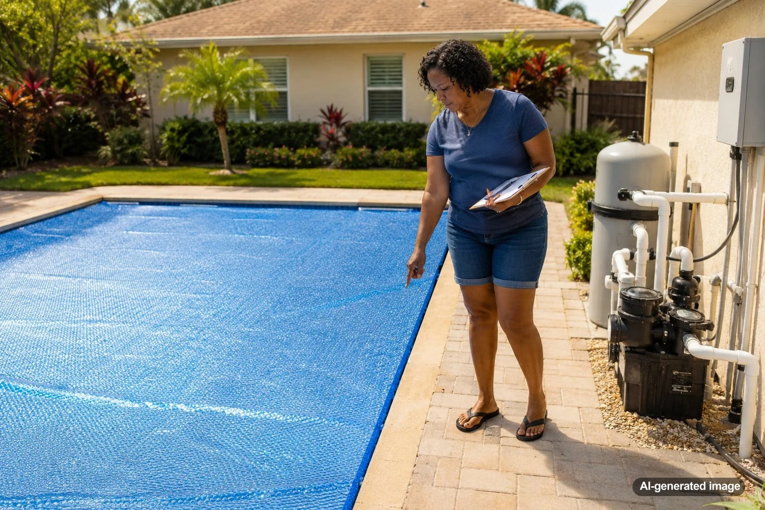 Homeowner checking the water level of a backyard swimming pool while a solar cover remains on