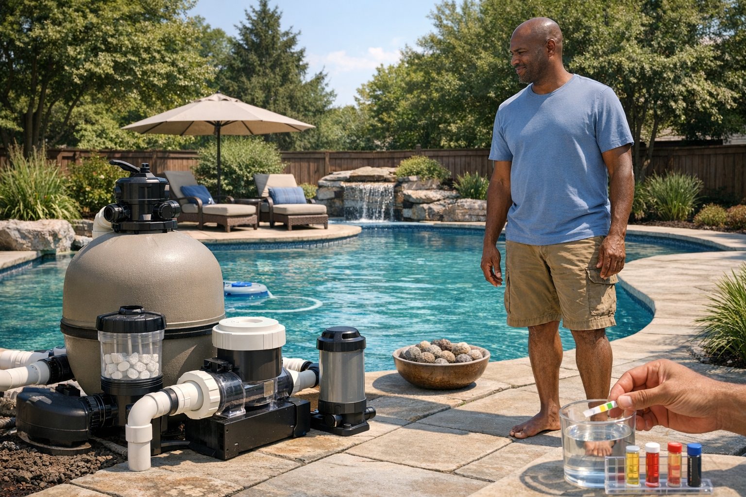 Pool owner comparing chlorine, salt water, and mineral pool system options beside a clean backyard swimming pool