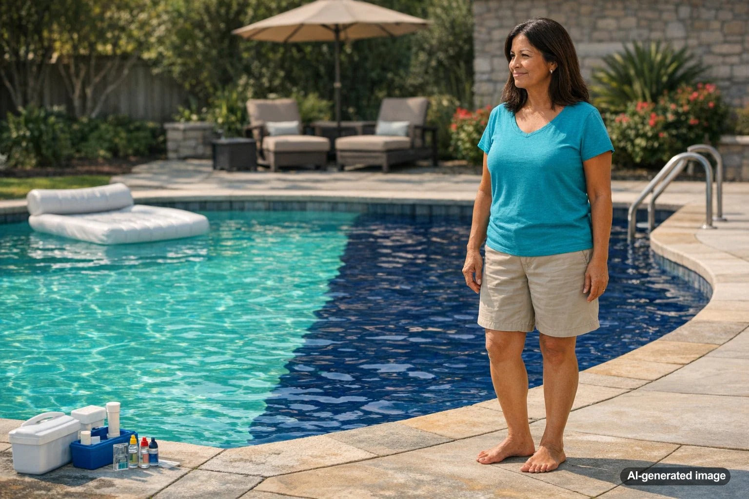 Pool with blue interior finish showing the difference between turquoise and deep blue water tones