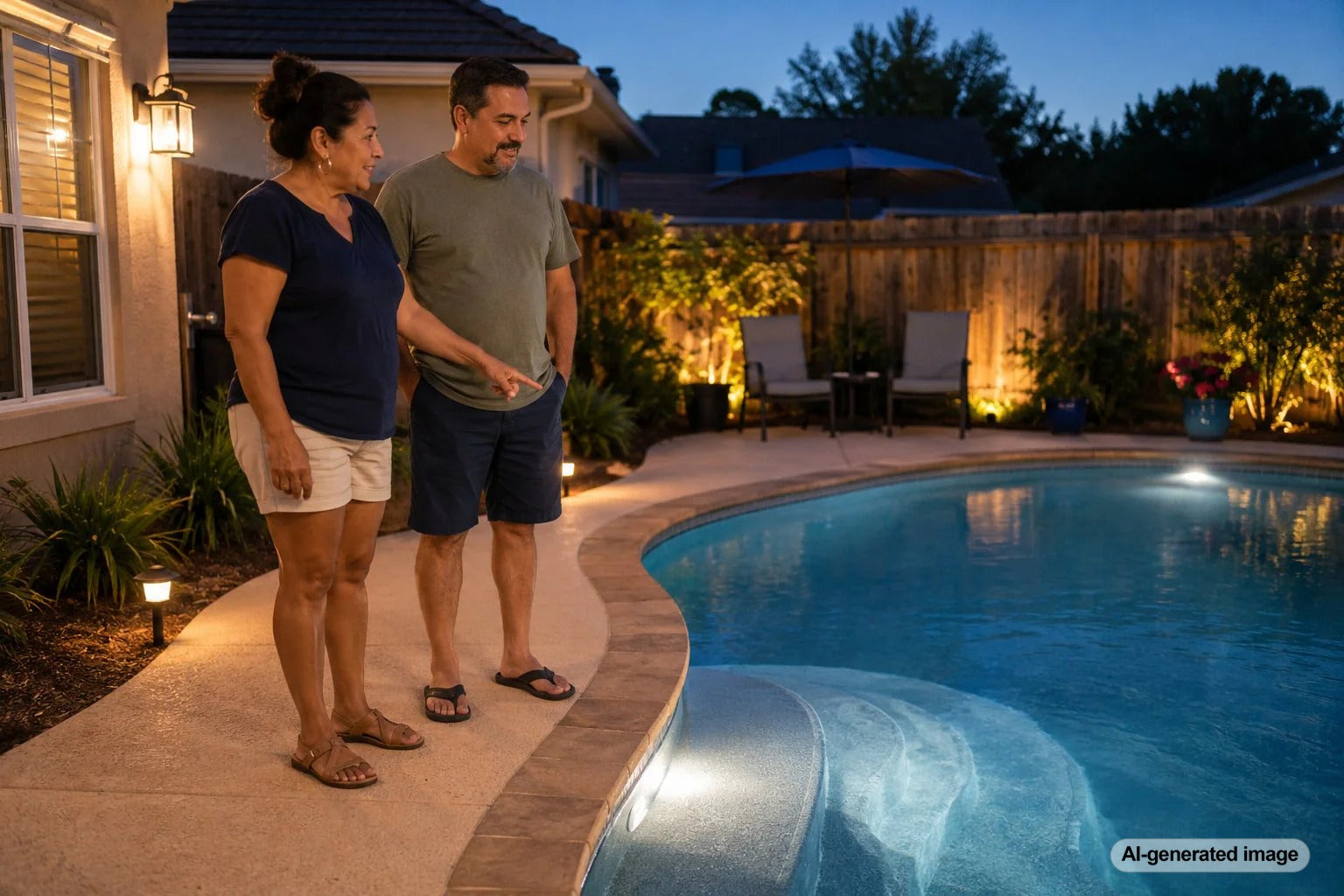 Nighttime swimming pool illuminated with underwater lighting highlighting steps and water features