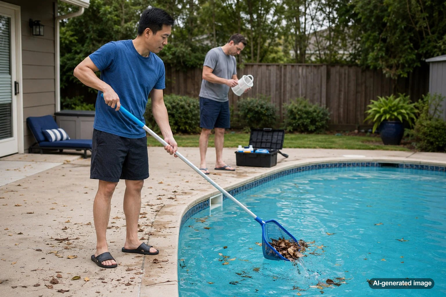 Pool surface covered with leaves and debris after a heavy wind storm, showing cleanup needed