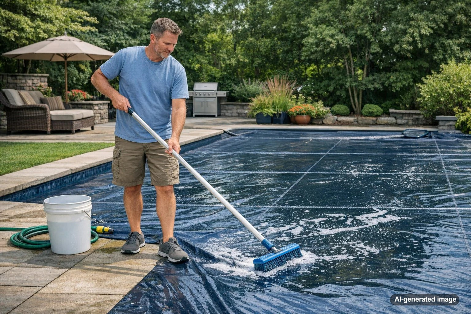 Homeowner cleaning a swimming pool cover before seasonal pool opening