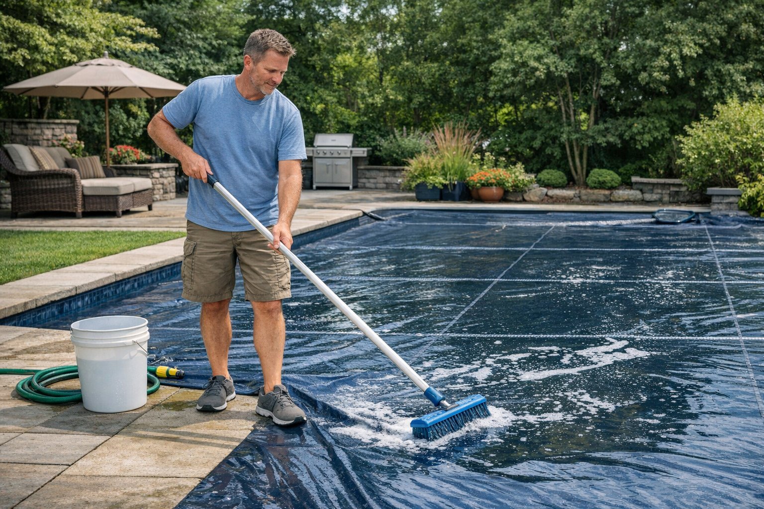Homeowner cleaning a swimming pool cover before seasonal pool opening
