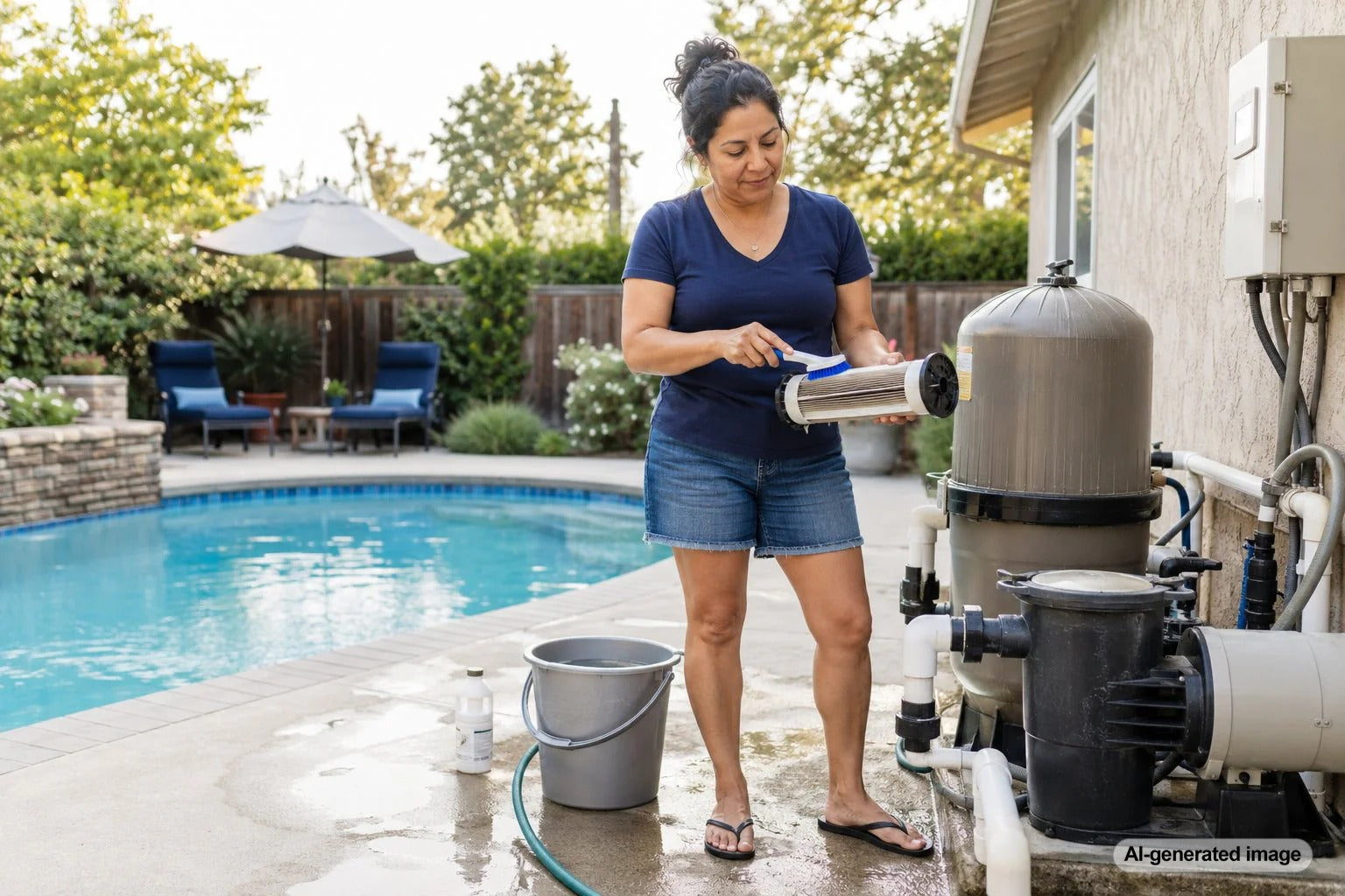 Pool owner safely cleaning a salt cell for a saltwater swimming pool system
