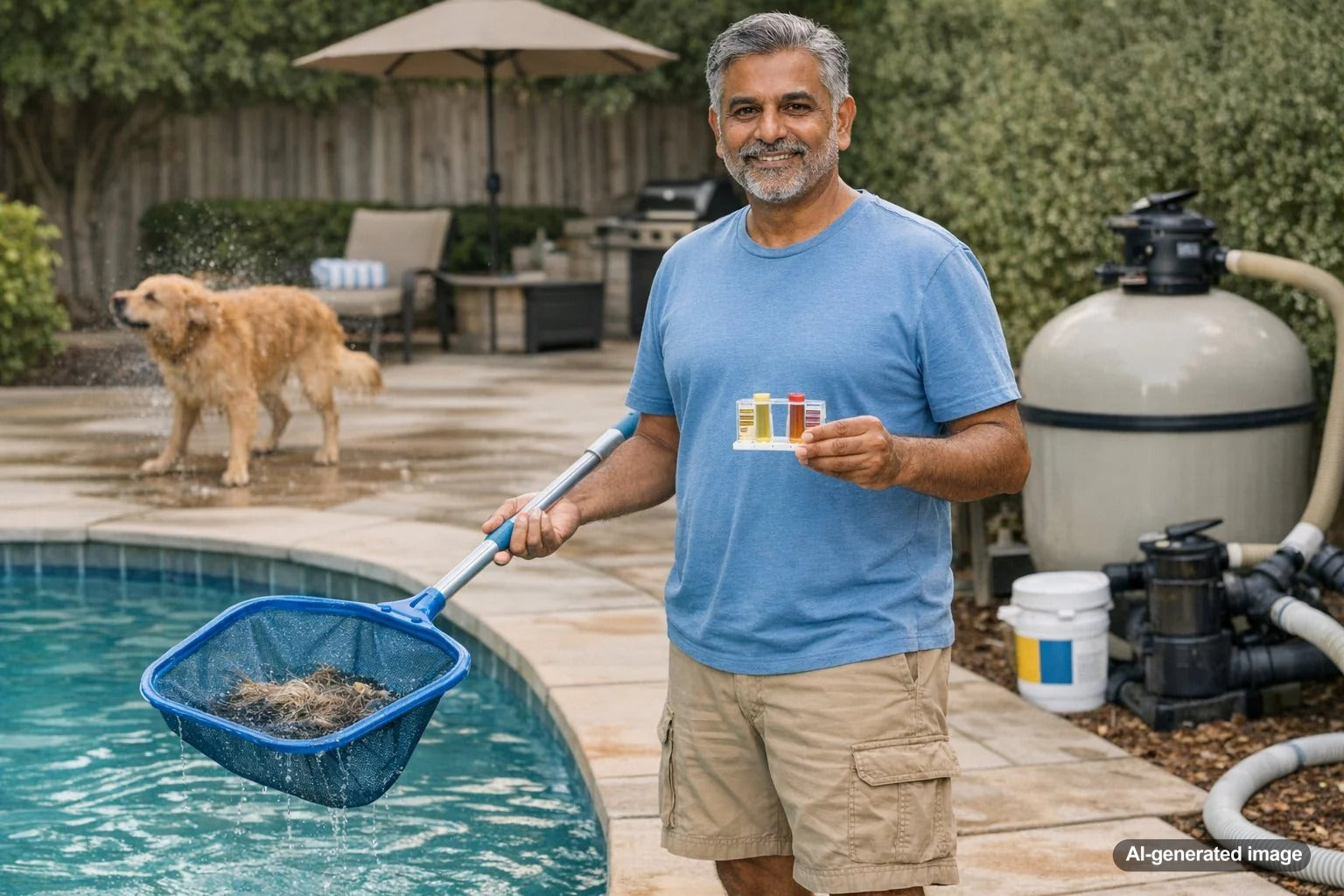 Dog swimming in a backyard pool with clear water after cleanup and maintenance