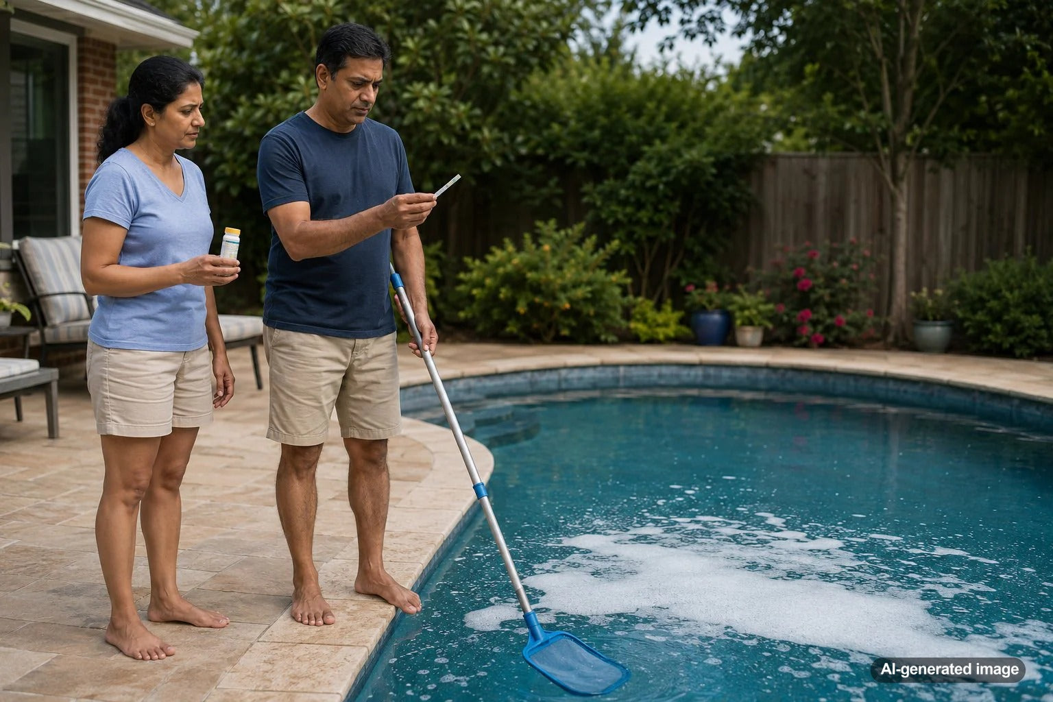 Foamy swimming pool water near the edge of a residential backyard pool during routine pool maintenance