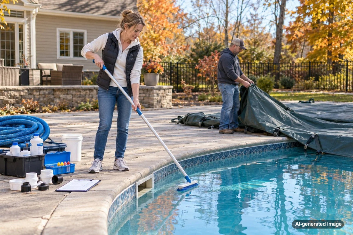 Residential backyard swimming pool being prepared for winter closing with pool equipment, plumbing, and seasonal cover protection.