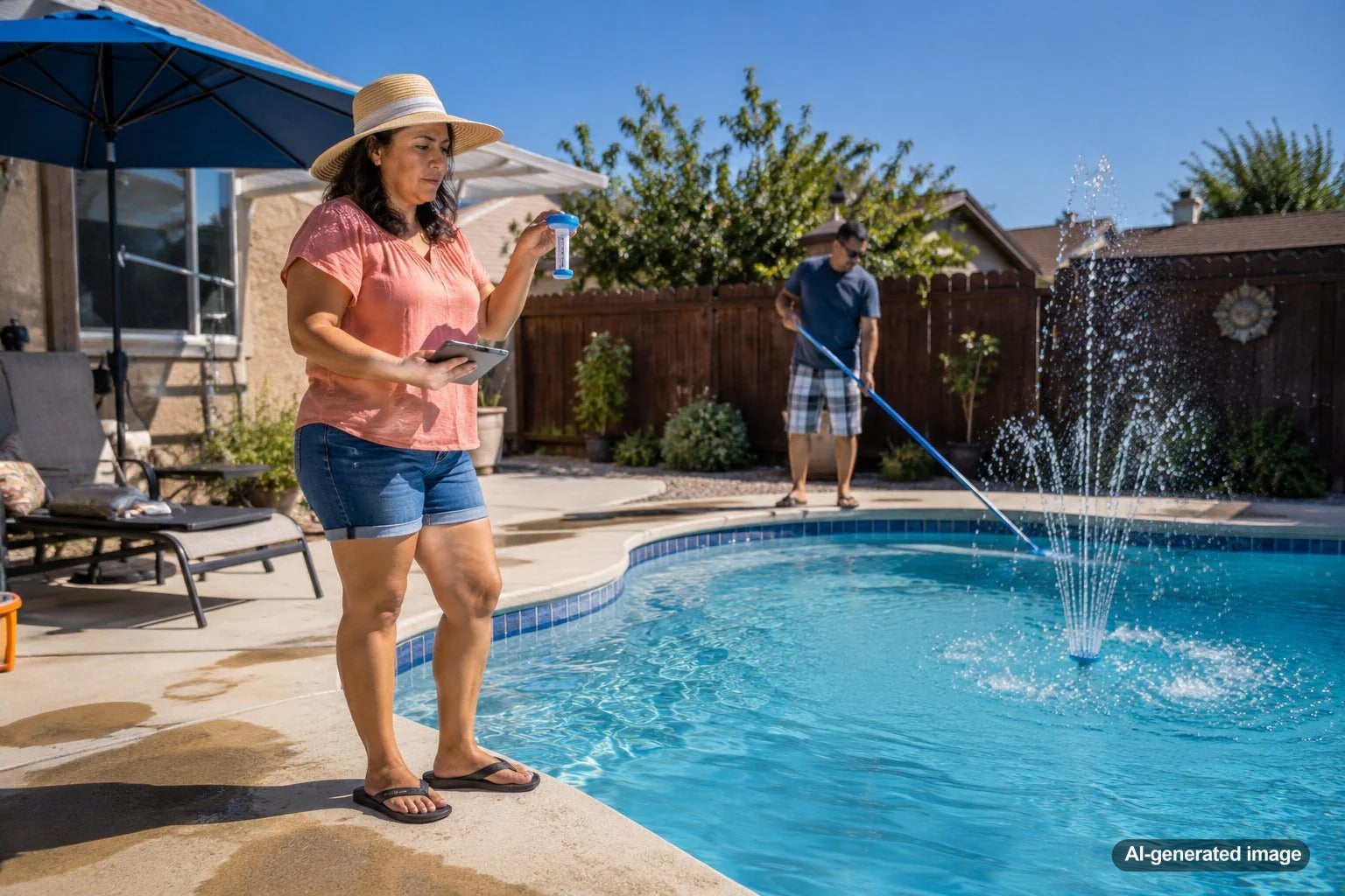 Backyard swimming pool with cooling water feature running during extreme summer heat