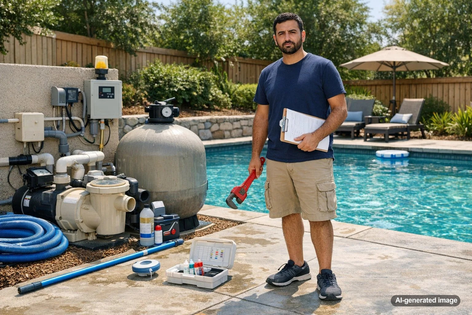 Pool equipment pad with pump, filter, and valves used to plan for pool equipment failures