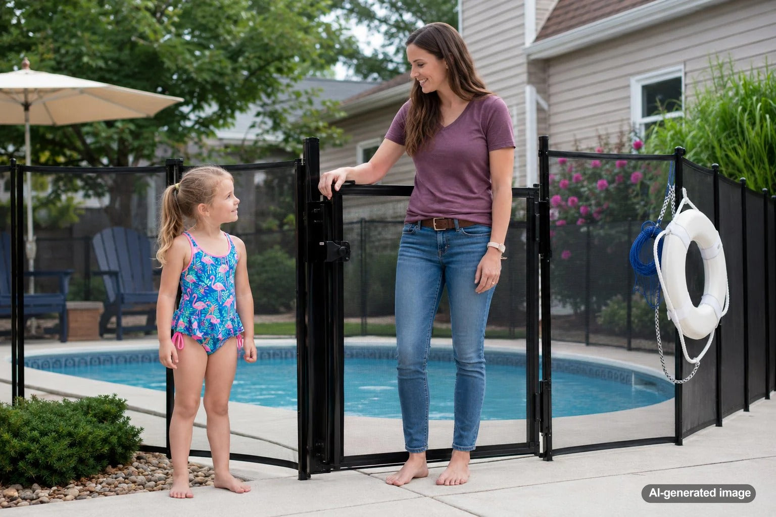 Grandchildren enjoying a safer backyard pool area with adult supervision