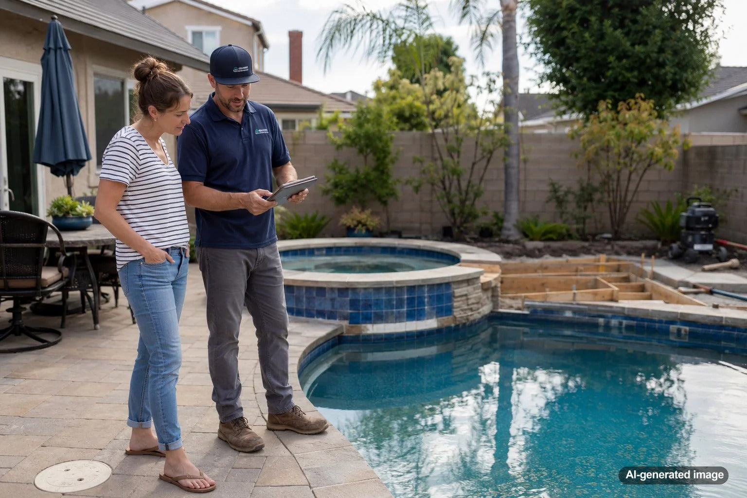 Backyard swimming pool renovation design with an attached spa for homeowners deciding whether to add a spa