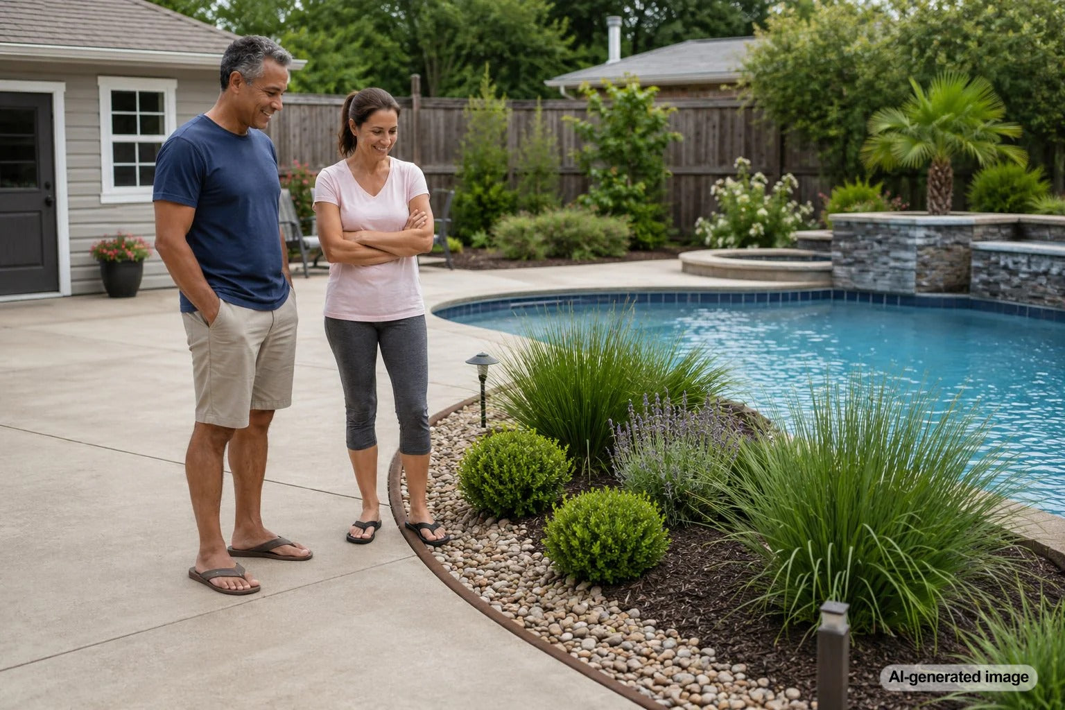 Clean backyard swimming pool with neat poolside planting beds designed to reduce leaves, mulch, and debris in the water