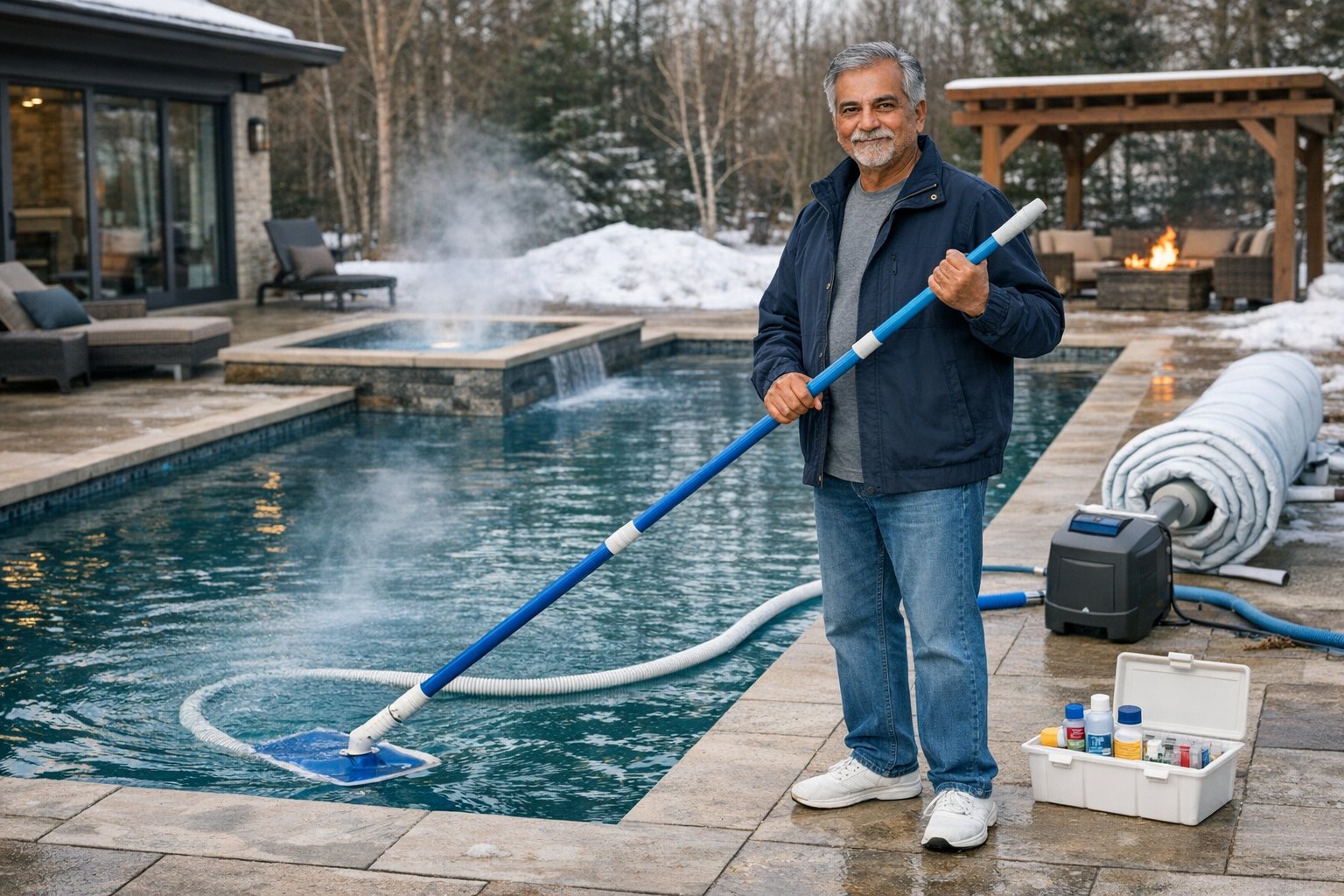 Backyard pool designed for four-season use in a cold climate with winter-ready features and a covered spa area