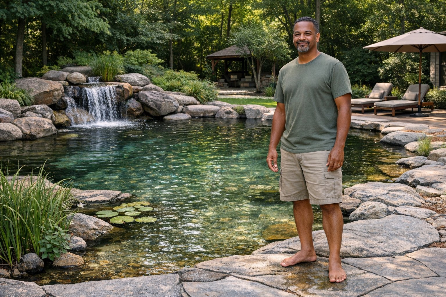 Natural-style backyard pool designed with organic curves, stone edging, and lush landscaping to resemble a spring or pond