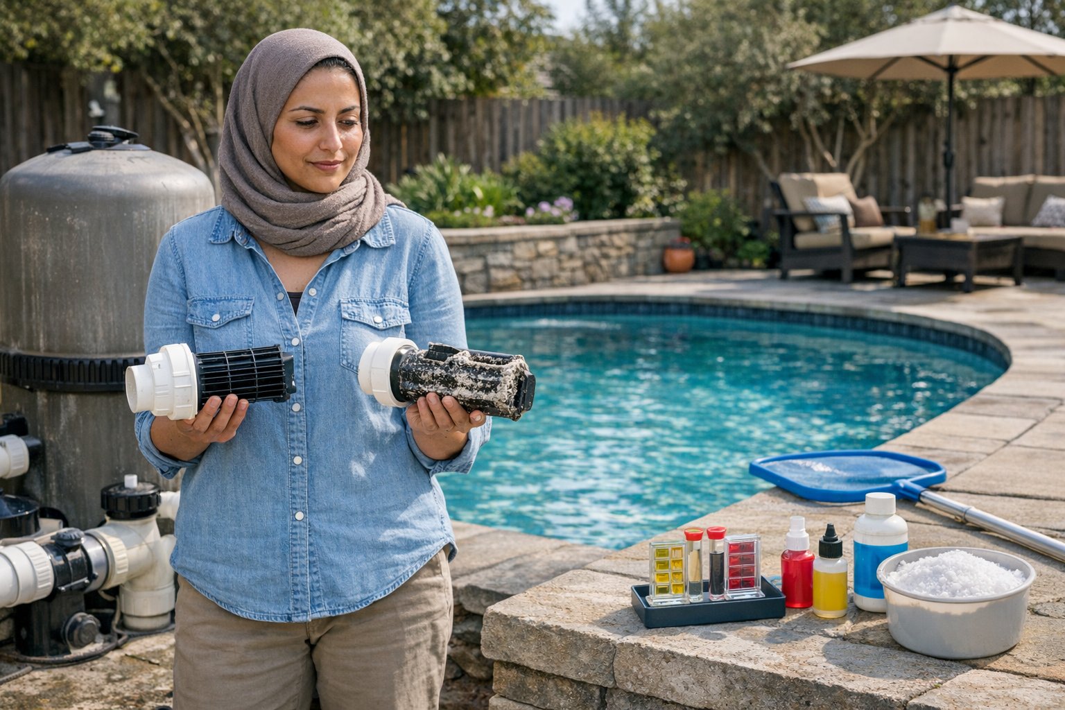 Pool owner inspecting a salt chlorine generator cell to determine whether it needs cleaning or replacement