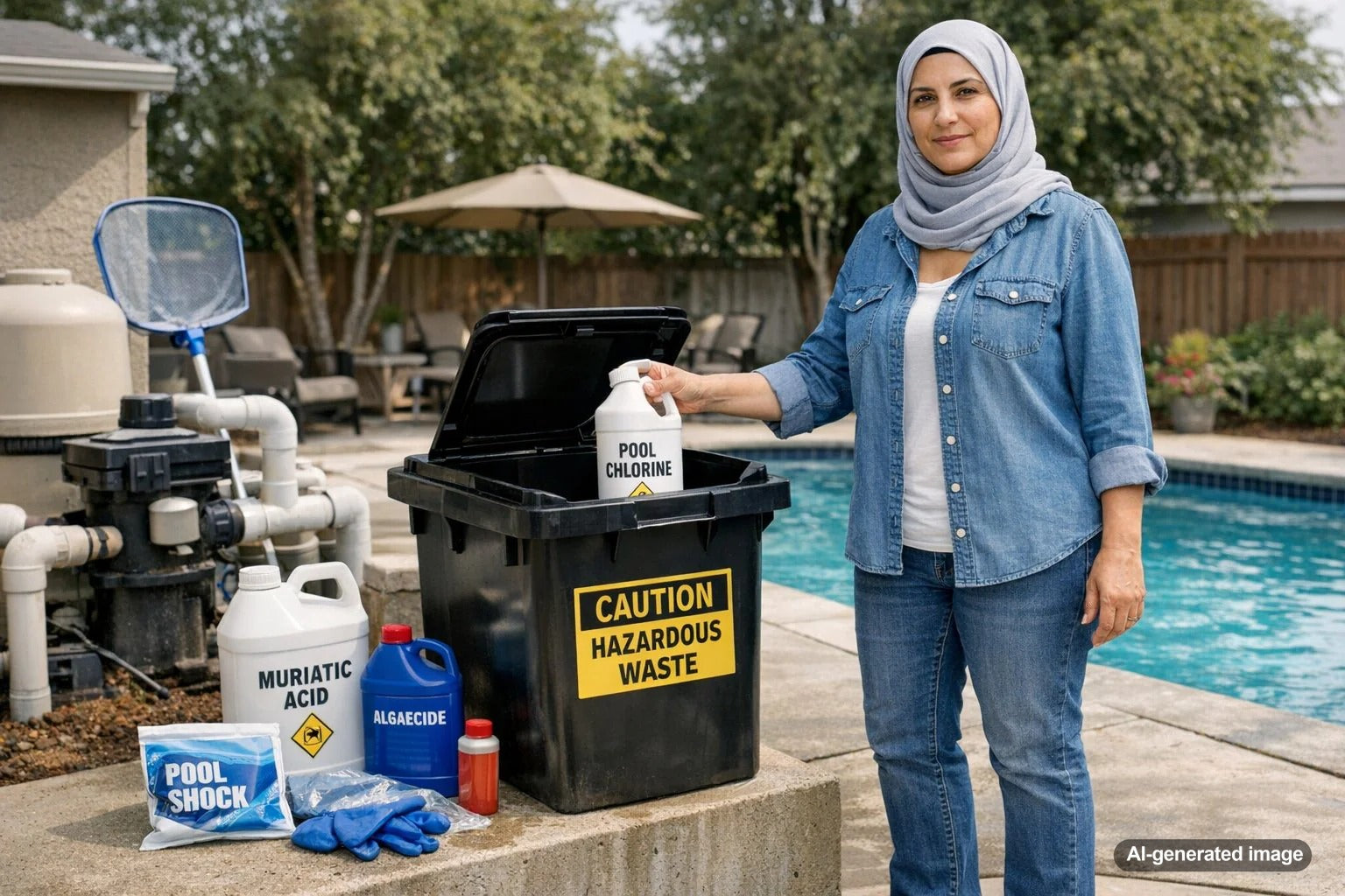 Pool chemicals arranged safely for proper household hazardous waste disposal