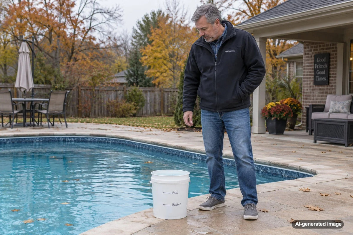 Pool owner performing a bucket test during cool fall weather to compare evaporation and possible pool water loss
