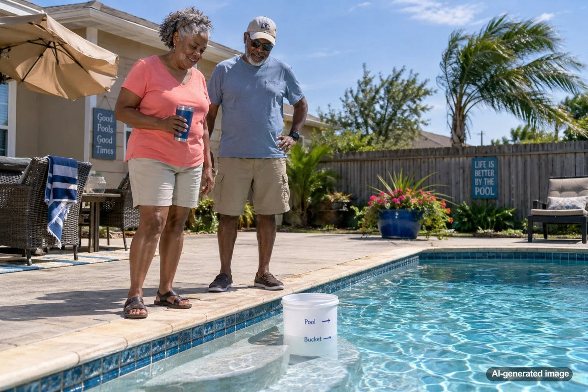 Pool owner performing a bucket test during hot and windy weather to compare evaporation with possible pool water loss
