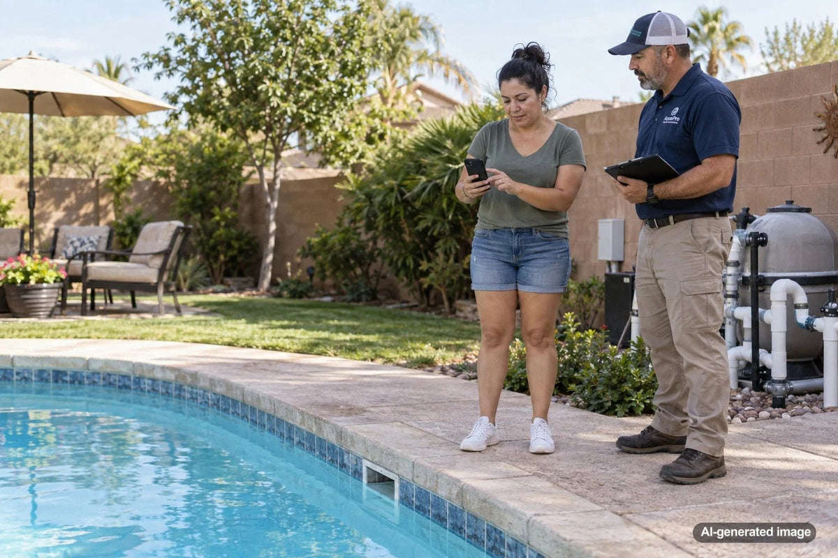 Pool owner documenting suspected swimming pool water loss and possible leak evidence for a contractor or insurance claim